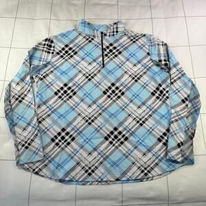 Icikuls Top Womens XL Blue Black Plaid 1/4 Golf Lightweight Preppy Resort Active